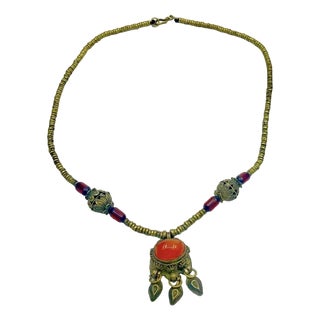 Vintage Tibetan-Style Carnelian Cabochon and Brass Link Necklace For Sale
