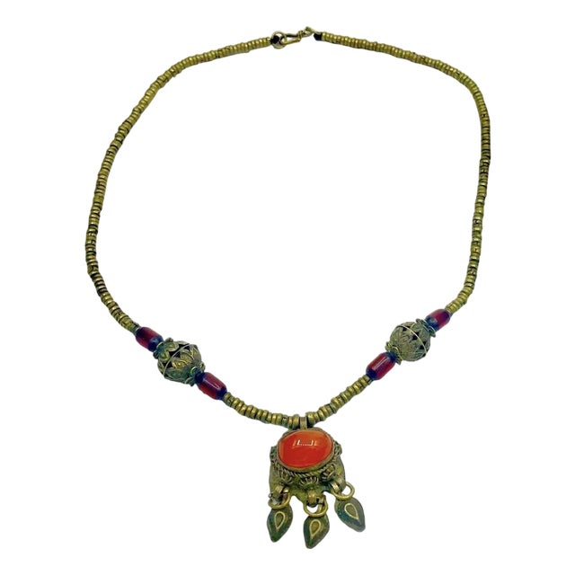 Vintage Tibetan-Style Carnelian Cabochon and Brass Link Necklace For Sale