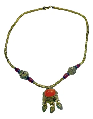 Vintage Tibetan-Style Carnelian Cabochon and Brass Link Necklace