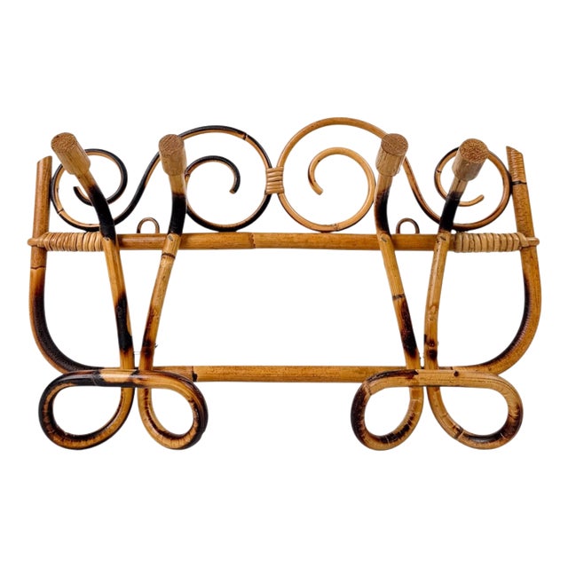 Italian Riviera Mid-20th Century Modern Cane, Rattan & Bamboo Wall Coat Rack, 1960s For Sale