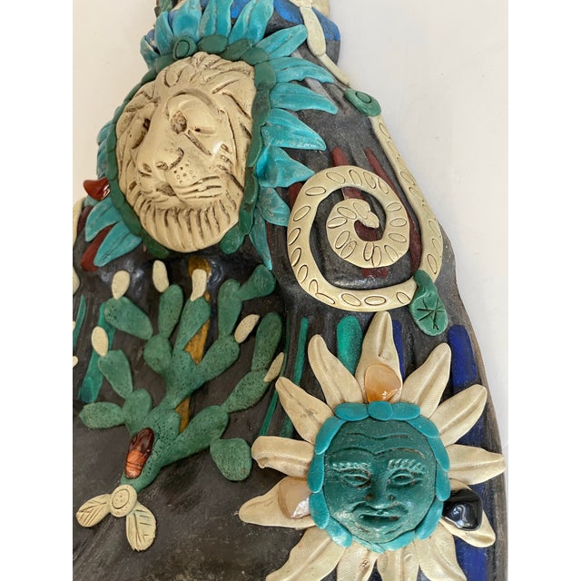 Vintage Mexican Folk Art Ceramic & Stone Embellished Sculptural Wall Mask For Sale - Image 4 of 12