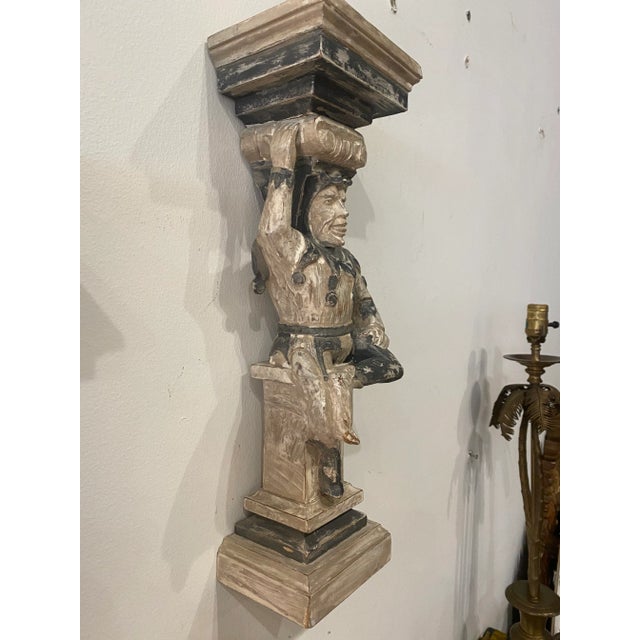 Vintage Primitive Wood Jester Corbel Wall Sconces Original Chippy Paint -A Pair For Sale - Image 4 of 12