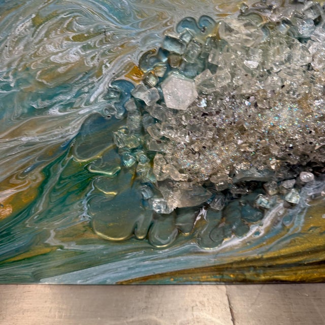 Abstract Blue and Gold Fluid Art Painting Crushed Glass Modern Wall Art For Sale - Image 12 of 12