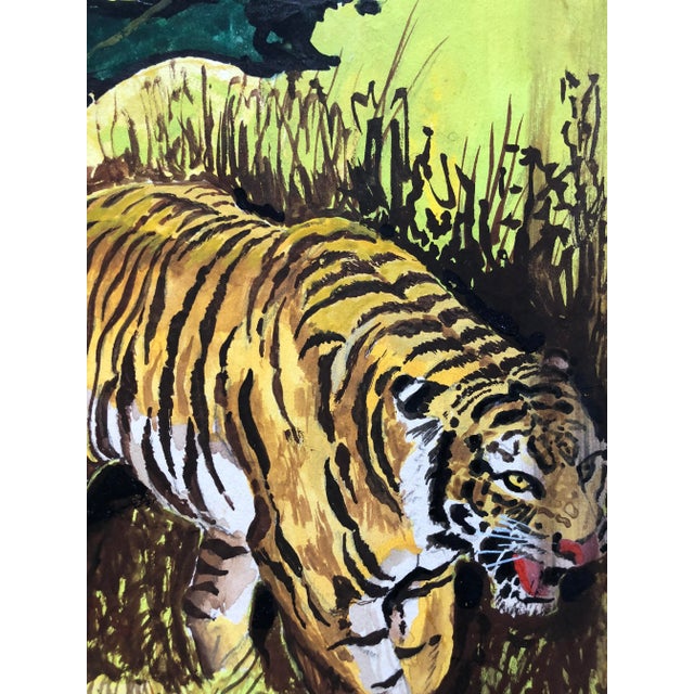 Yellow 1960s Signed Gouache Painting "Tiger Hunt" For Sale - Image 8 of 10