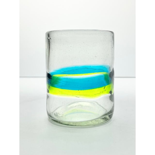 4 Mexican Handblown Aqua Blue Lime Green Banded Tumbler Drinking Glasses For Sale - Image 4 of 6