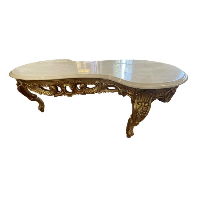 Late 20th Century Custom Numbered Giltwood & Marble Coffee Table, 52” For Sale