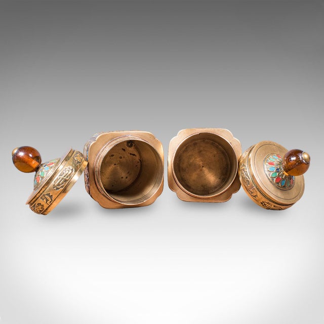 Gold Pair of Small Antique Champleve Tea Caddies, Oriental Spice Pot, Edwardian, 1910 For Sale - Image 8 of 12