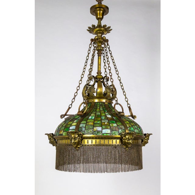 Victorian 19th Century Victorian Art Nouveau Green Slag Glass & Brass Mascaron Pendant Light With Chain Fringe For Sale - Image 3 of 13