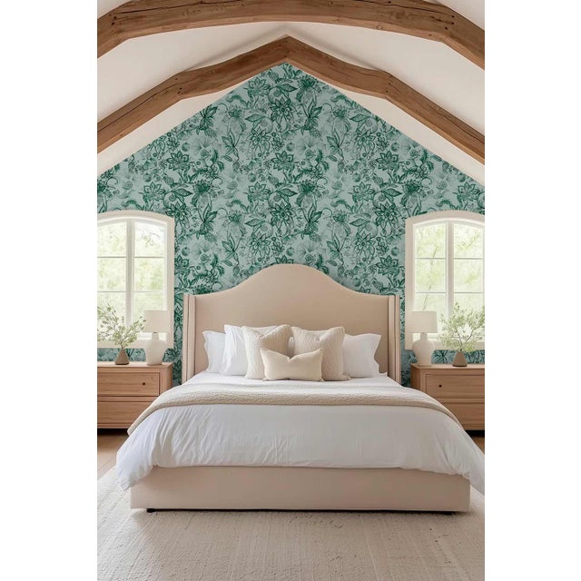 Textile Floral & the Frog Chinoiserie Grasscloth Wallpaper by House Party | Jade Green | 8 Yards For Sale - Image 7 of 8