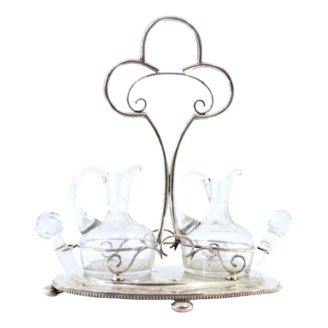 Cruet with Silver Frame and Two Cut Glass Cruets, Set of 3 For Sale