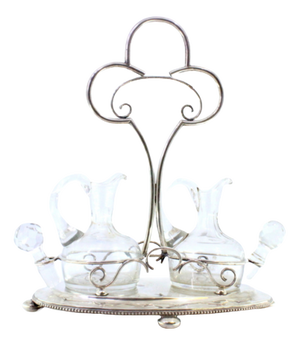 Cruet with Silver Frame and Two Cut Glass Cruets, Set of 3