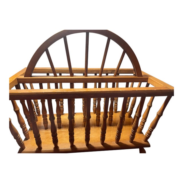 Vintage Wooden Spindle Magazine Rack With Arched Handle For Sale