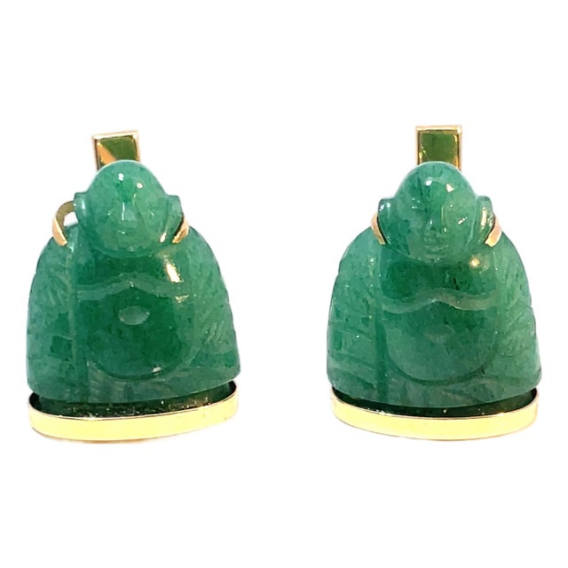 14k Yellow Gold Green Jade Buddha Cabochon Cufflinks For Sale