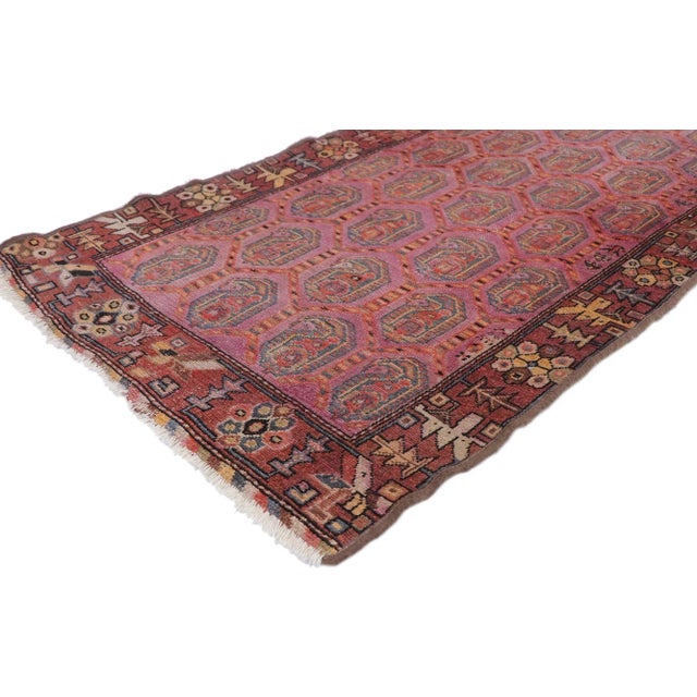 antique Persian Malayer rug with Rustic Tribal Bohemian style. Full of tiny details and a bold expressive design combined...