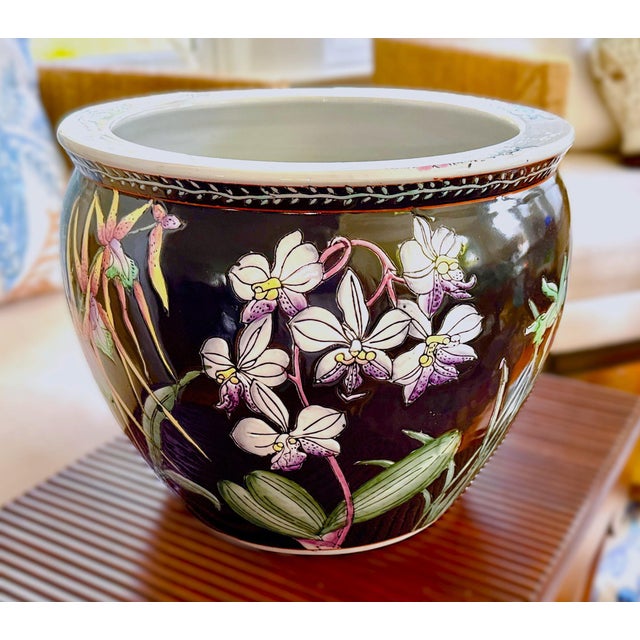 Vintage Chinese Porcelain Black Koi Fish Planter Bowl For Sale - Image 4 of 10