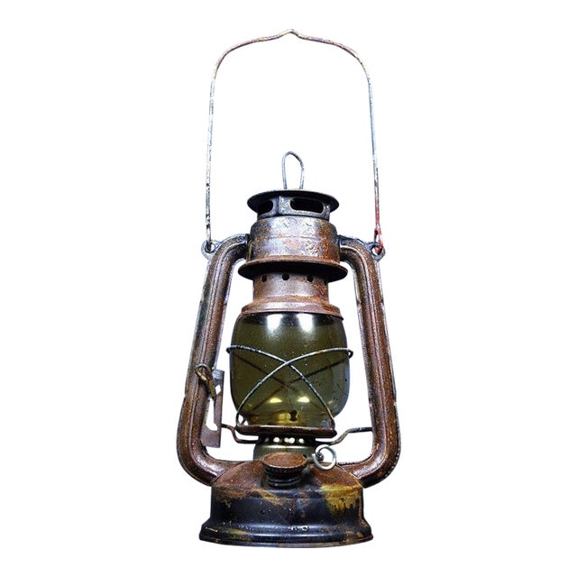 Vintage Rustic Industrial Kerosene Lantern With Green Glass Globe For Sale