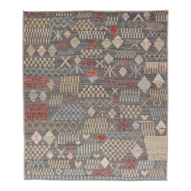 Modern Hand-Knotted Tribal Rug in Wool With Sub-Geometric Design in Multicolor For Sale