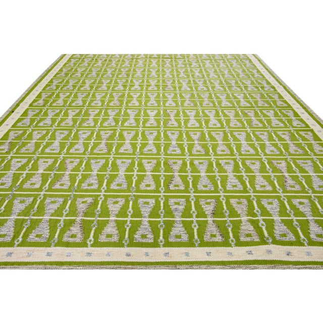 Modern Modern Swedish Style Green Handmade Oversize Wool Rug With Geometric Pattern For Sale - Image 3 of 8