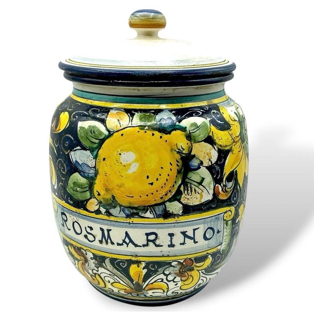 1970s Italian Ceramic Rosmarino Spice Herb Canister Jar Lidded Hand Painted Lemons Euc For Sale - Image 11 of 11