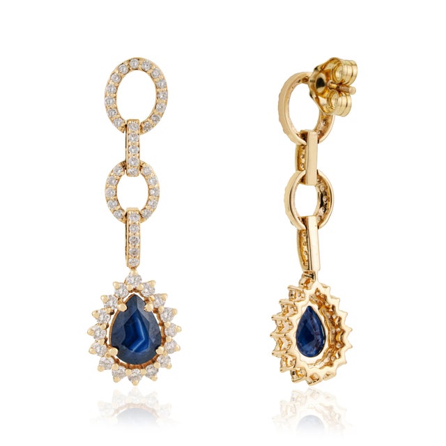 Metal Geometric 1.61ct Blue Sapphire & Diamond Link Drop Earrings in 14k Yellow Gold- A Pair For Sale - Image 7 of 13