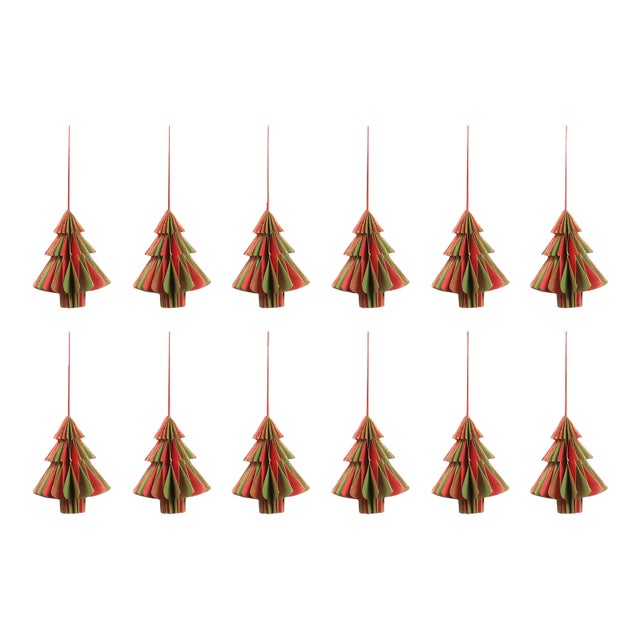 Miriam Paper Deco Tree Ornaments, Gold/Red/Green, Set of 12, 4.5" For Sale