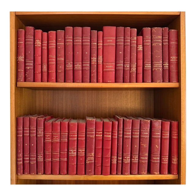 Lot of 40 Vintage Leather Bound Books in French With Decorative Red Bindings For Sale