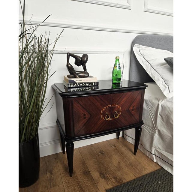 Mid-Century Art Deco Italian Nightstands in Walnut Glass Top, 1950s, Set of 2 For Sale - Image 3 of 10