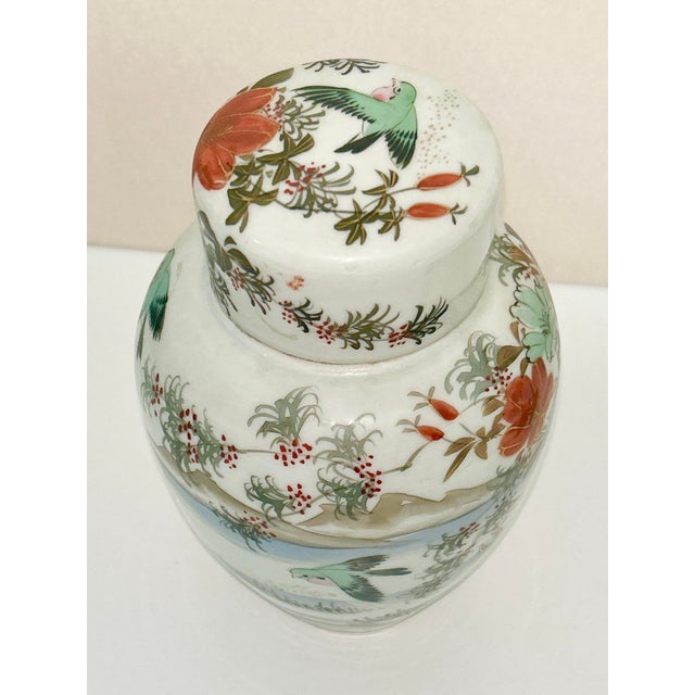 Baby Blue Hand-Painted Lidded Porcelain Jar With Birds & Blossoms For Sale - Image 8 of 8