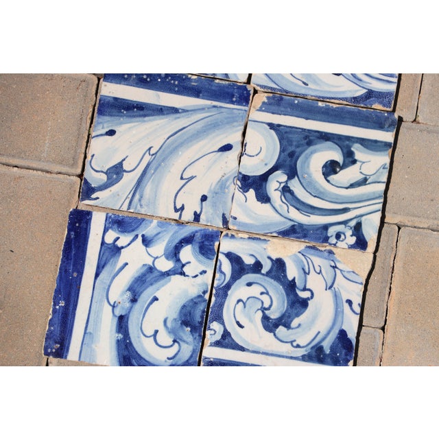Antique 18th Century Portuguese Blue & White Baroque Tiles With Flowing Acanthus Scrollwork, Set of 6 For Sale - Image 4 of 7
