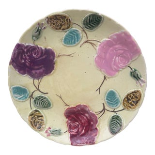 French Majolica Roses Plate Saint Amand, Circa 1890 For Sale