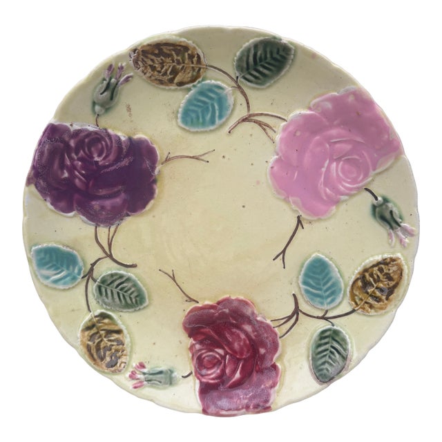 French Majolica Roses Plate Saint Amand, Circa 1890 For Sale