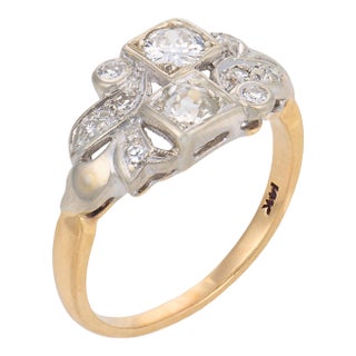 Mid 20th Century Retro Old Cut Diamond 14k Two Tone Gold Ring, Size 6.75 For Sale