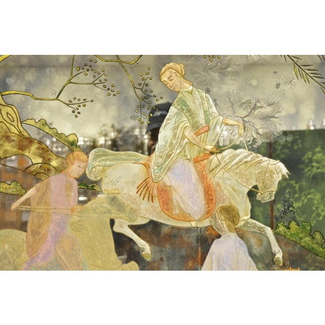 Vintage Chinoiserie Orientalist Verre Eglomise Smoked Glass Figural Wall Mirror For Sale - Image 4 of 16