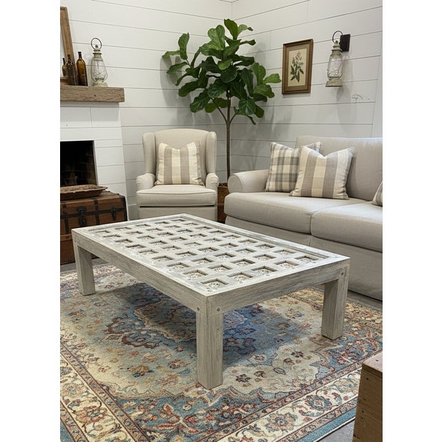 Antique Lotus Carved Coffee Table – Whitewashed Rustic Wood Large Accent Table 68 For Sale In Orlando - Image 6 of 9