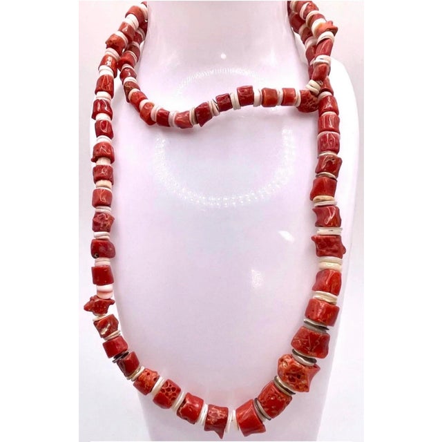 Magnificent large red coral and heishi shell necklace. An older unmarked item reminiscent of indigenous Pueblo tribe,...