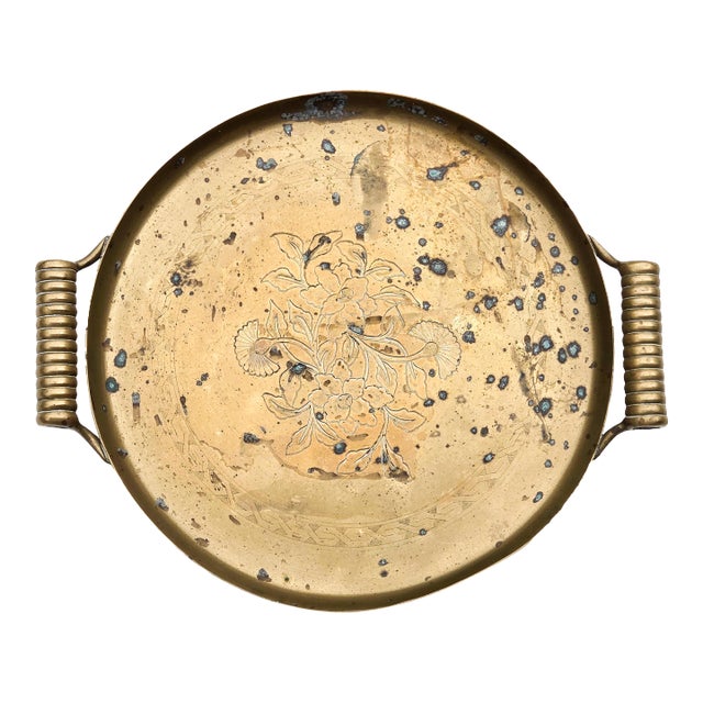 Antique Solid Brass Chinese Tray With Floral Etching and Handles For Sale