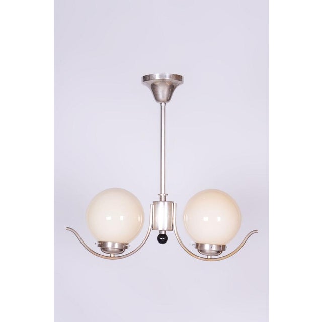 Bauhaus Chandelier in Chromed Steel and Opal Glass, Czech, 1930s For Sale - Image 9 of 9