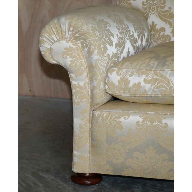 Victorian Damask Upholstery Sofa & Armchair Club Suite with Turned Bun Feet, Set of 3 For Sale - Image 18 of 18