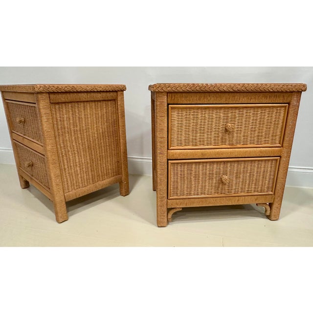 1980s Pair of Henry Link for Lexington Rattan Nightstands With Woven Wicker Panels – British Colonial Style For Sale - Image 9 of 10