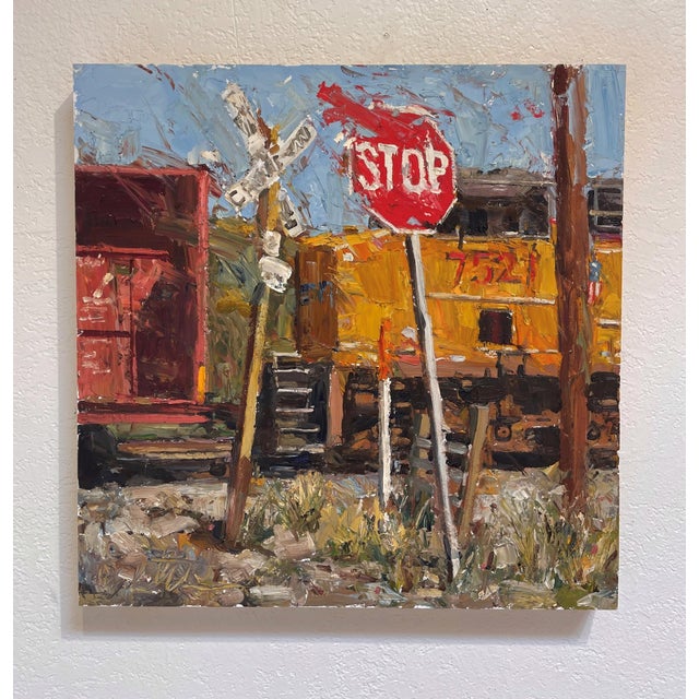 The artwork depicts a vibrant, textured scene featuring a weathered stop sign at a railroad crossing, juxtaposed against...