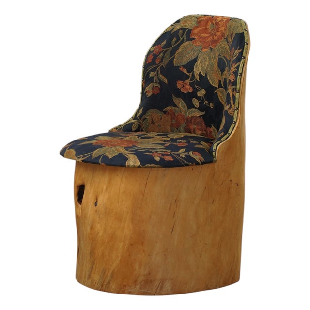 Mid-Century Swedish Pine Stump Chair / Kubstol with Floral Upholstery, 1960s For Sale
