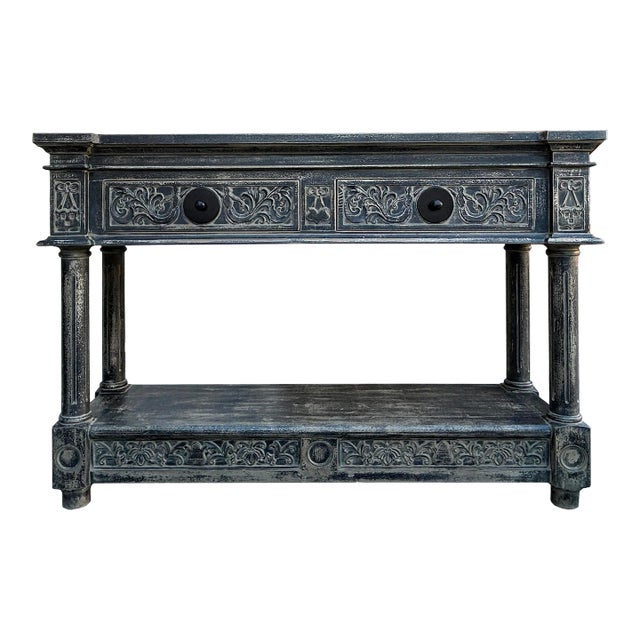 Distressed Black Gray Relief Floral Motif Tall Credenza Console Cabinet For Sale
