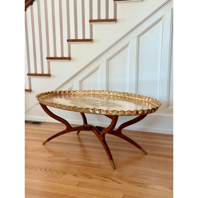 Wood 1960s Mid-Century Etched Brass & Wood Oval Tray Coffee Table For Sale - Image 7 of 10