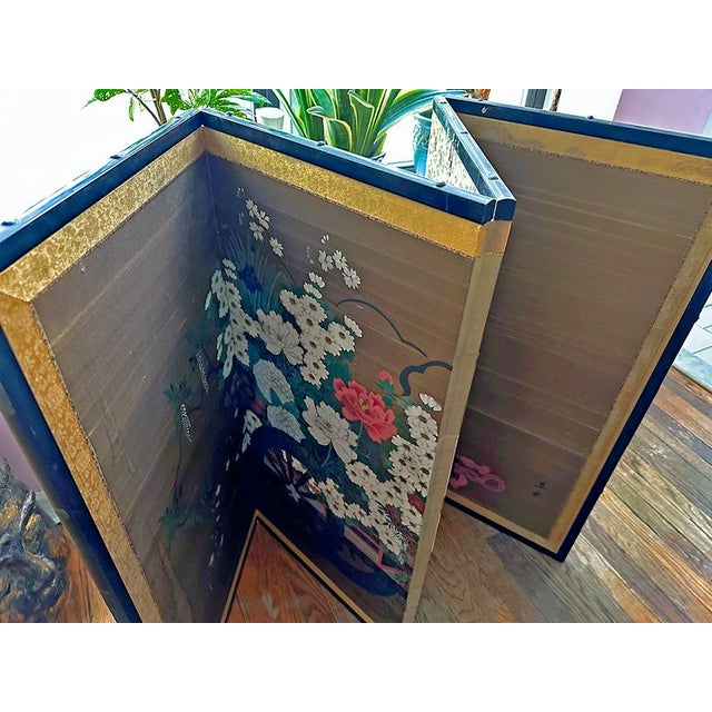 Collectible Japanese fine decorative art, this elegant hand-painted Showa-period Nihonga four-panel byobu - traditional...