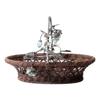Vintage Large Grapevine Basket With Metal Handle For Sale