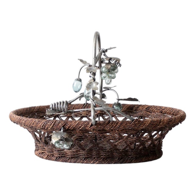 Vintage Large Grapevine Basket With Metal Handle For Sale