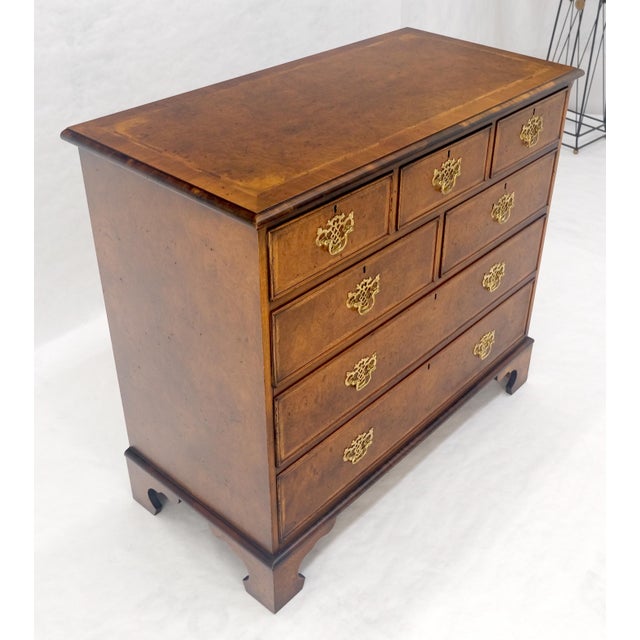 Baker Furniture Company Fine 7 Drawers Burl Wood Banded Top Bracket Feet English Chest of Drawers MINT For Sale - Image 4 of 15