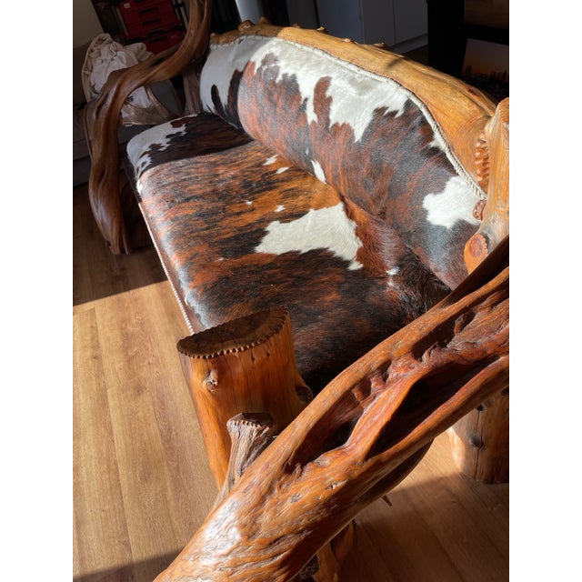 Rustic Live-Edge Handmade Sofa, Genuine Cowhide Upholstery For Sale - Image 4 of 9