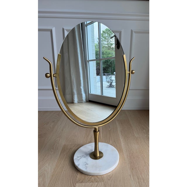 1970s Vintage Oversized Brass & Carrara Marble Double-Sided Vanity Mirror Attributed to Charles Hollis Jones For Sale - Image 5 of 8