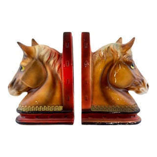 Vintage 1940's Japanese Ceramic Equestrian Horse Head Bookends, a Pair For Sale